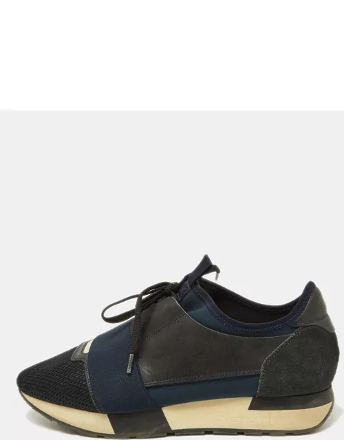 Balenciaga Black/Navy Blue Leather Mesh and Suede Race Runner Sneaker