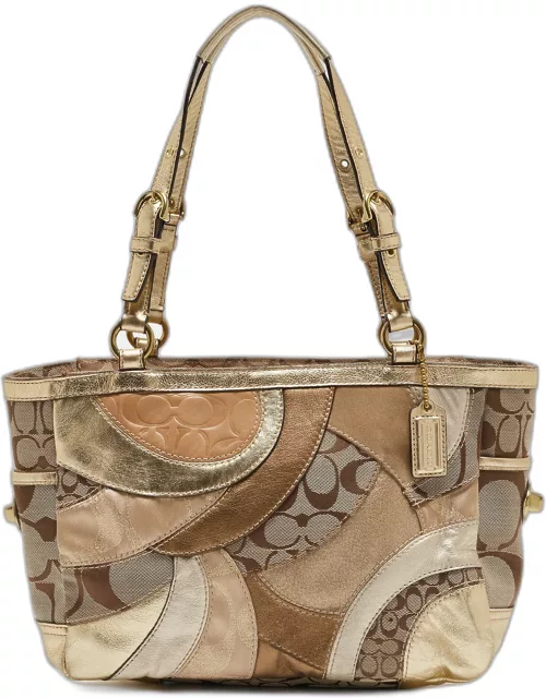Coach Gold/Beige Signature Canvas Leather and Suede Patchwork Tote