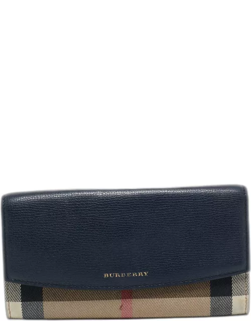 Burberry Navy Blue/Beige House Check Canvas and Leather Flap Continental Wallet