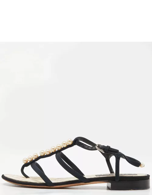 Chanel Black Canvas Pearl Embellished Thong Flat Sandal