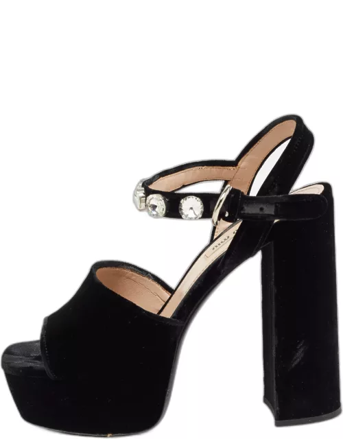 Miu Miu Black Suede Crystal Embellished Heel Ankle Strap Platform Sandal