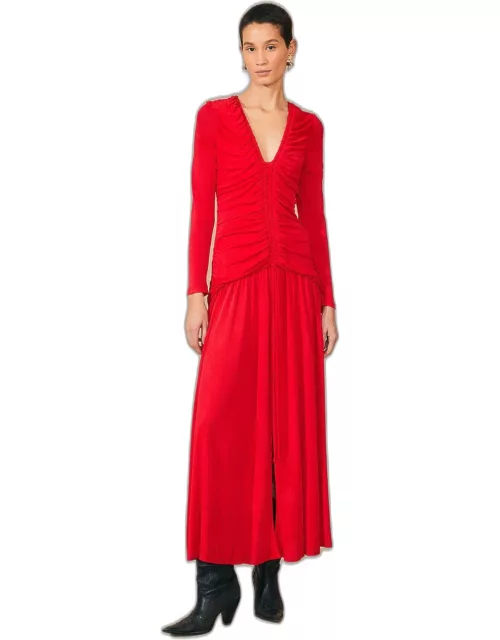 Red V Neckline Long Sleeve Midi Dress, RED /