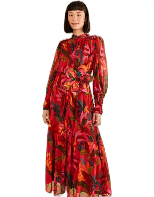 Red Rooster Leaves Long Sleeve Maxi Dress, ROOSTER LEAVES RED /