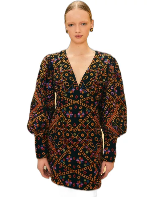Embroidered Corduroy Puff Sleeve Mini Dress, EMBROIDERED CORDUROY /
