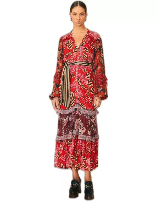 Mixed Floral Prints Long Sleeve Maxi Dress, MULTI /
