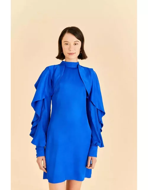Bright Blue Backless Ruffle Sleeve Mini Dress, BLUE /