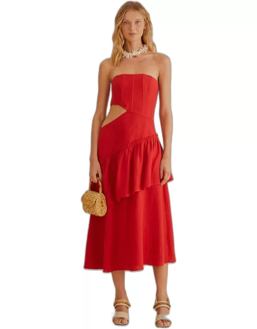 Red Cut Out Strapless Midi Dress, HOT RED /