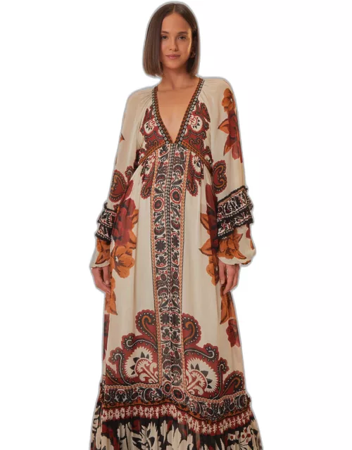 Sand Winter Tapestry V Neck Maxi Dress, WINTER TAPESTRY SAND /