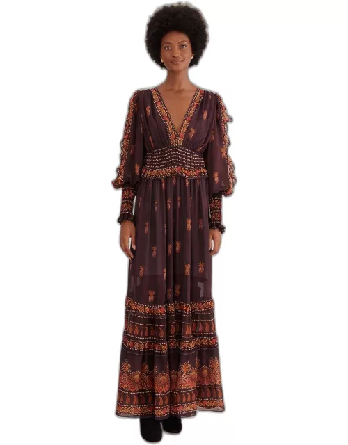 Brown Paisley Bloom Long Sleeve Maxi Dress, PASLEY BLOOM BROWN /