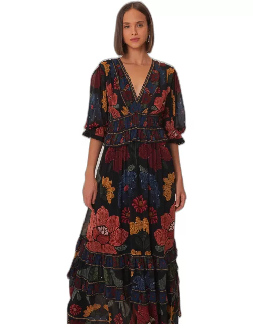Black Stitched Garden Short Sleeve Maxi Dress, STITCHED GARDEN BLACK /