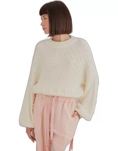 Pearl Embroidered Bubble Sweater, OFF-WHITE /
