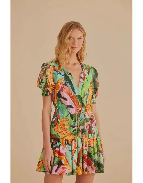 Multicolor Banana Foliage Short Sleeve Mini Dress, BANANA FOLIAGE MULTICOLOR /