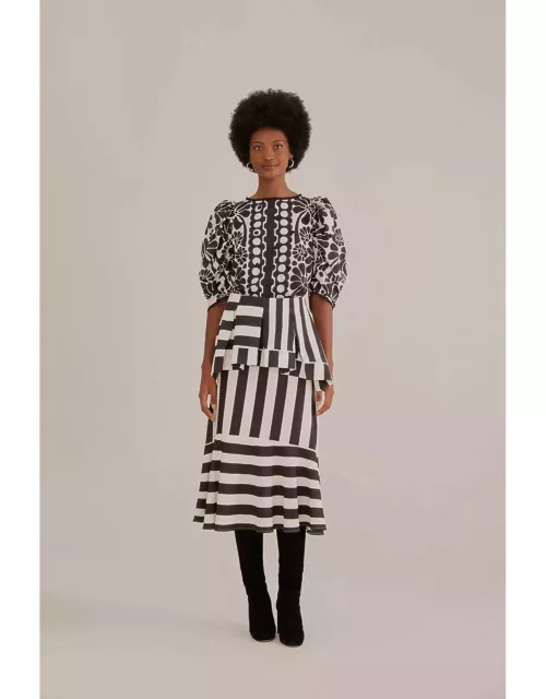 Black Mixed Stripes Midi Skirt, MIXED STRIPES BLACK /