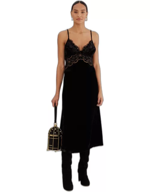 Black Richelieu Velvet Slip Dress, BLACK /