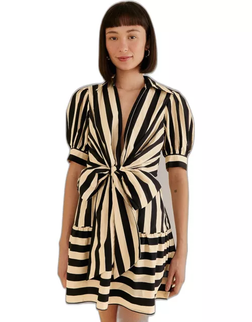 Black Mixed Stripes Short Sleeve Mini Dress, MIXED STRIPES BLACK /