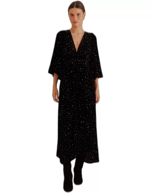 Black Velvet Short Sleeve Midi Dress, BLACK /