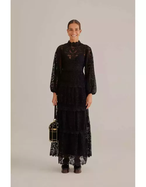 Black Guipure Long Sleeve Maxi Dress, BLACK /