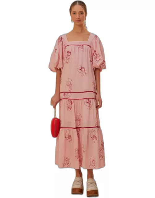The Kiss Embroidered Short Sleeve Maxi Dress, PINK /