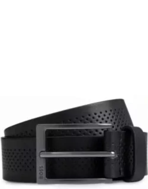 Italian-leather belt with perforated strap and gunmetal buckle- Black Men's Casual Belt