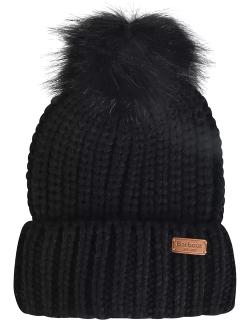 Barbour Logo Patch Rib Knit Puff Beanie And Scarf Set