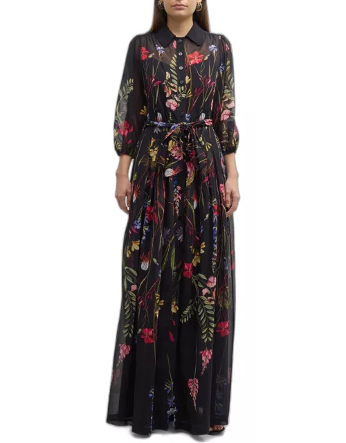 Blouson-Sleeve Floral-Print Chiffon Shirt Gown