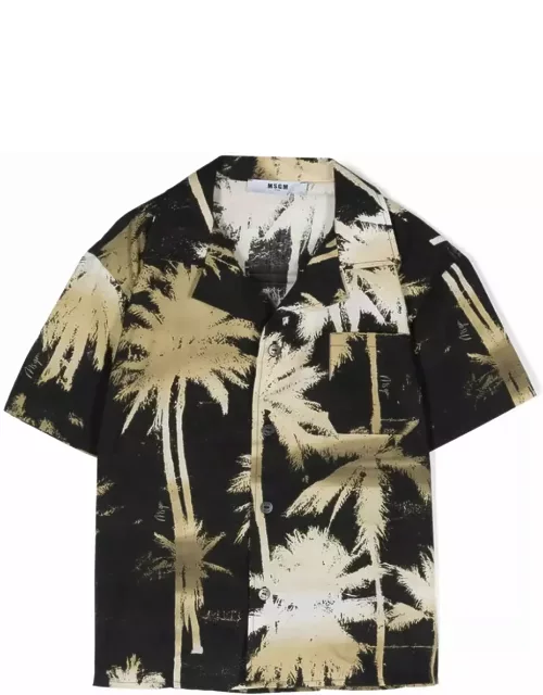 MSGM Black Bowling Shirt With Palm Print