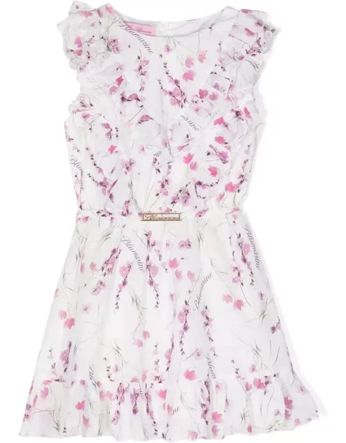 Miss Blumarine White Dress With Ruffles And Floral Print