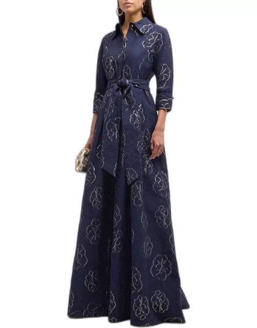 Pleated Metallic Floral Jacquard Shirt Gown