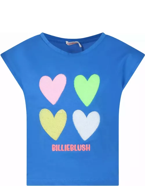 Billieblush Light Blue T-shirt With Multicolor Hearts And Logo