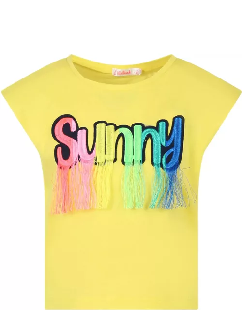 Billieblush Yellow T-shirt With Multicolor sunny Writing And Fringe