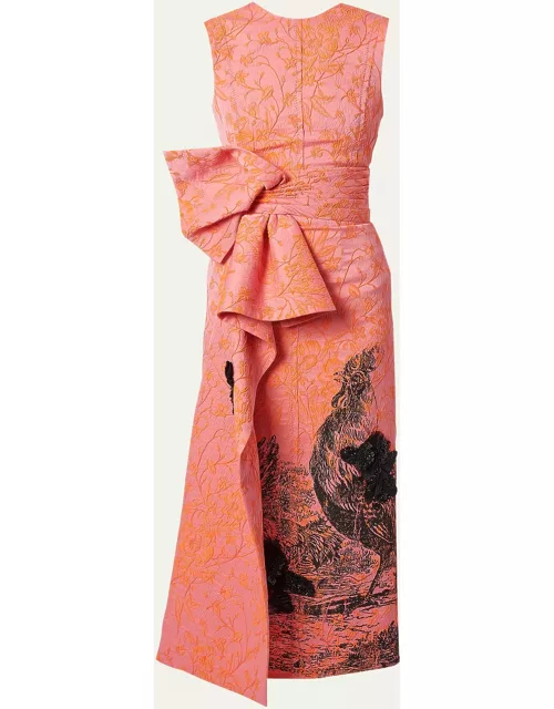 Sequined Chicken-Print Sleeveless Bow Floral Brocade Midi Dres