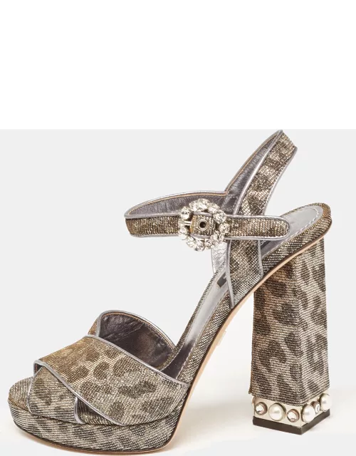 Dolce & Gabbana Silver/Gold Leopard Print Glitter Fabric Ankle Strap Block Heel Sandal