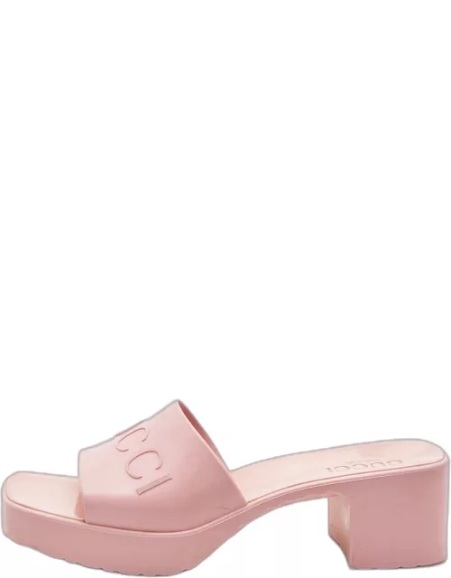 Gucci Pink Rubber Embossed Logo Block Heel Slide Sandal
