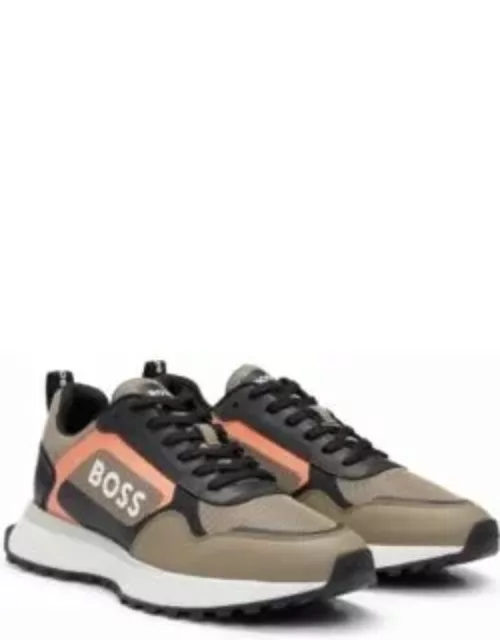 Mixed-material lace-up trainers with faux leather- Light Green Men's Sneaker