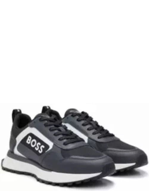 Mixed-material lace-up trainers with faux leather- Dark Blue Men's Sneaker