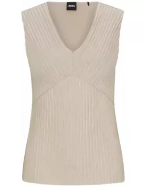 Sleeveless jersey top with V neckline and pliss pleats- Light Beige Women's Casual Top