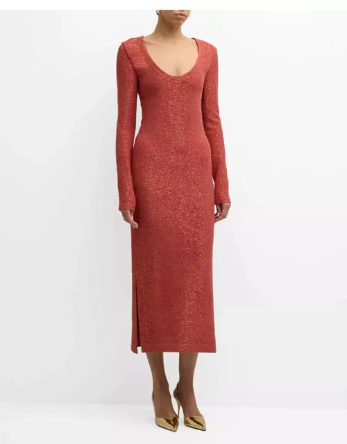Scoop-Neck Long-Sleeve Stretch Sequin Knit Midi Dres