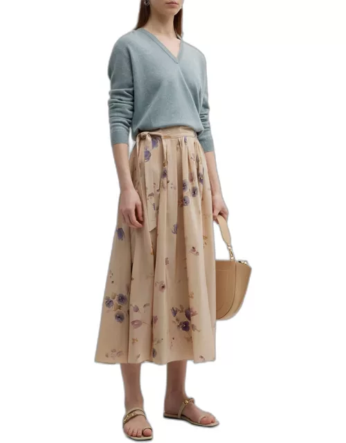 Iris Bluebells Pleated Midi Skirt with Front Tie
