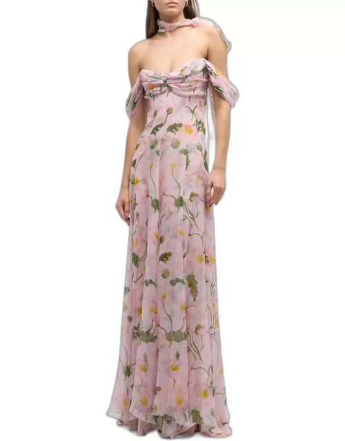 Sweetheart Strapless Painted Poppies-Print Neck-Scarf Gown