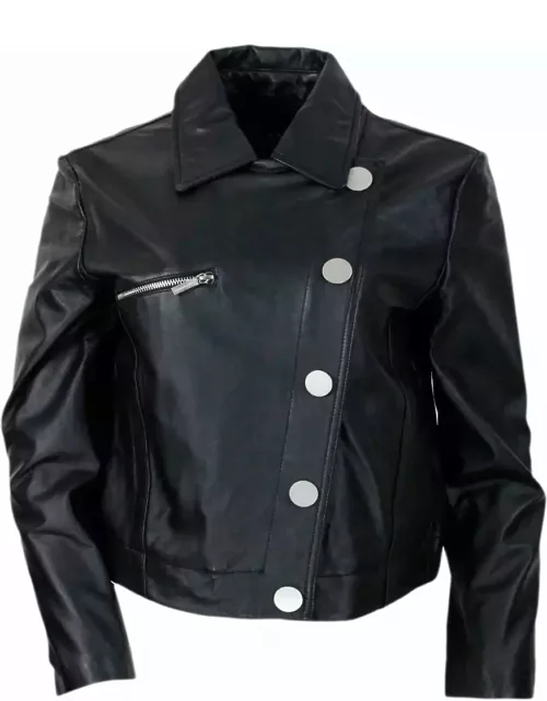 Armani Collezioni Studded Jacket With Button And Zip Closure Made Of Eco-leather With Zip On Pocket And Cuff