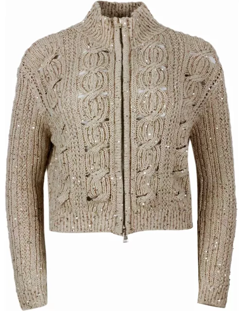 Lorena Antoniazzi Long-sleeved Full-zip Cardigan Sweater In Cotton Thread With Braided Work Embellished With Applied Microsequin