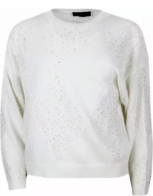 Lorena Antoniazzi Long-sleeved Crew-neck Sweater In Cotton Thread With Diamond Pattern Embellished With Microsequin