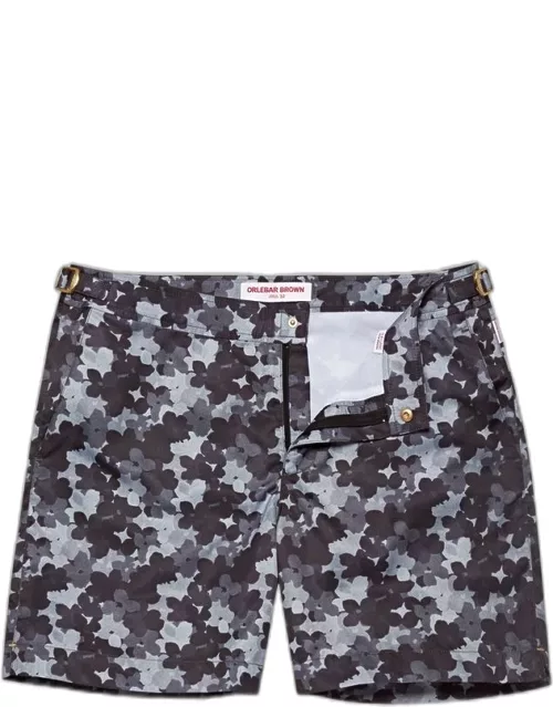 Bulldog - Blossom Print Mid-Length Swim Shorts In Piranha Grey