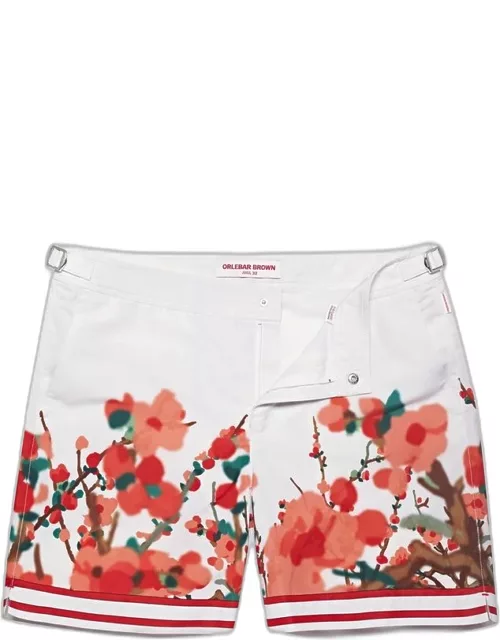 Bulldog - Blossom Season Print Mid-Length Swim Shorts In Red