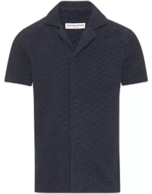 Howell Towelling - Atom Jacquard Relaxed Fit Capri Collar Cotton Towelling Shirt In Night Iris Blue