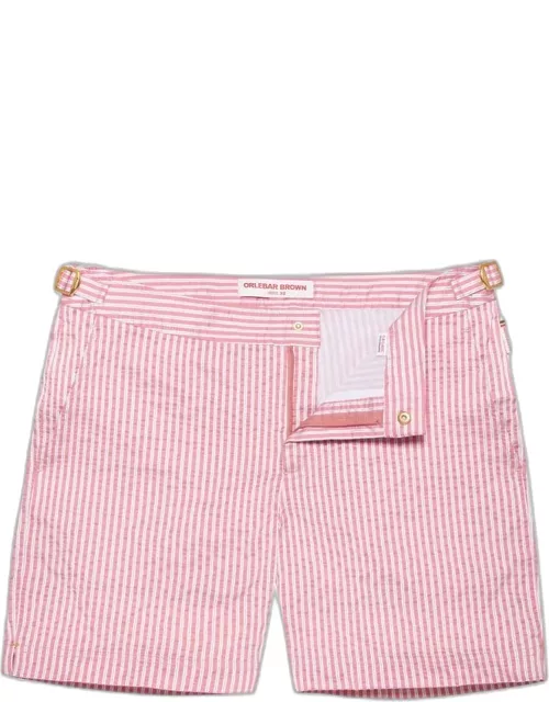 Bulldog - Mid-Length Textured Stripe Swim Shorts In White/Seashell Pink