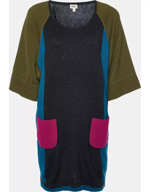 Kenzo Grey Colorblock Wool Knit Sweater Dress