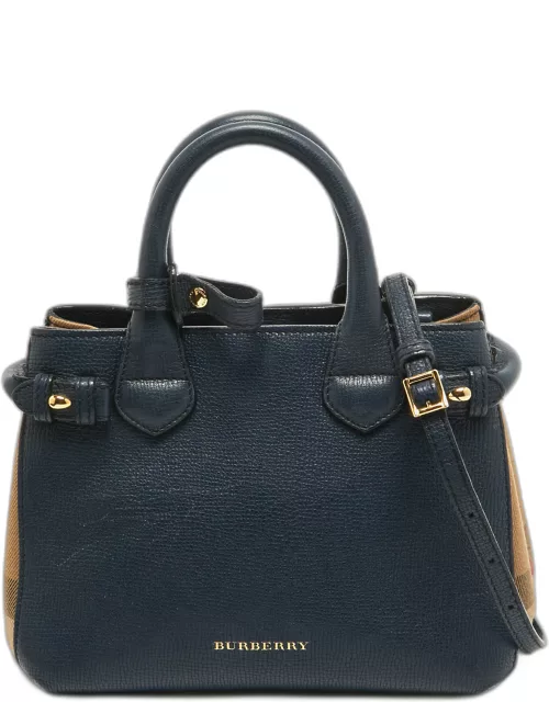 Burberry Navy Blue/Beige House Check Canvas and Leather Mini Banner Tote