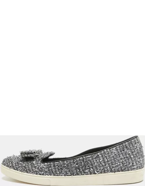 Salvatore Ferragamo Silver Tweed Bow Slip On Sneaker