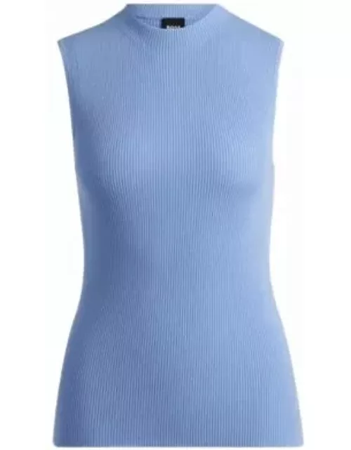 Sleeveless mock-neck top with ribbed structure- Blue Women's Top